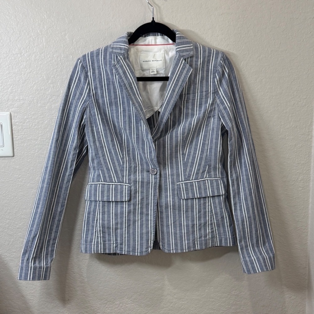 Banana Republic Blue White Striped Stretch Blazer Size 4 Preppy Coastal Nautical